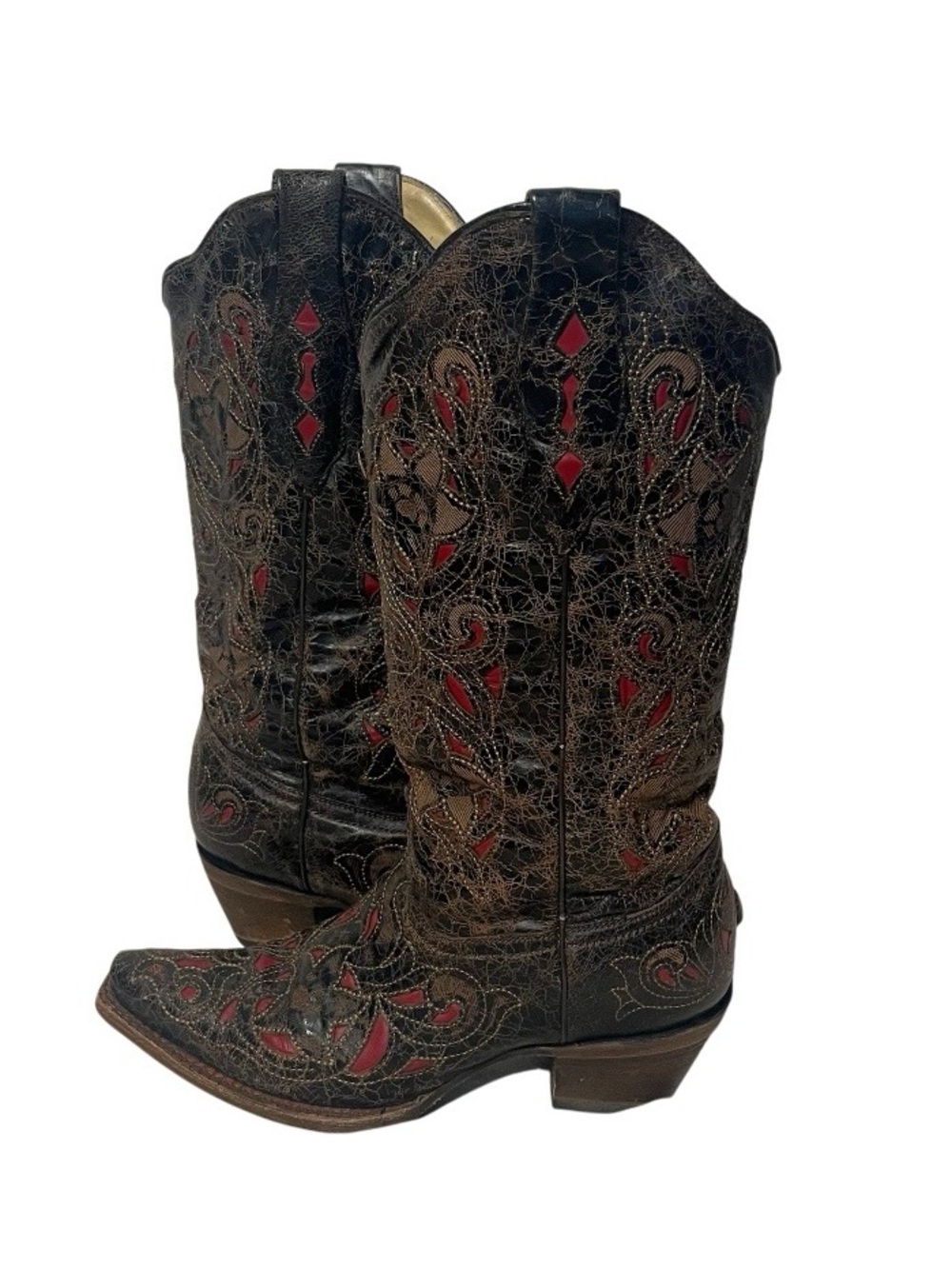 CORRAL Black Crackle Red Inlay Snip Toe Western Cowboy Boots Size 8M A1951